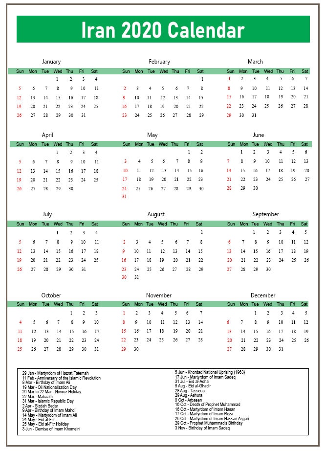 2020 Iran Calendar with Holidays PDF, Word Format