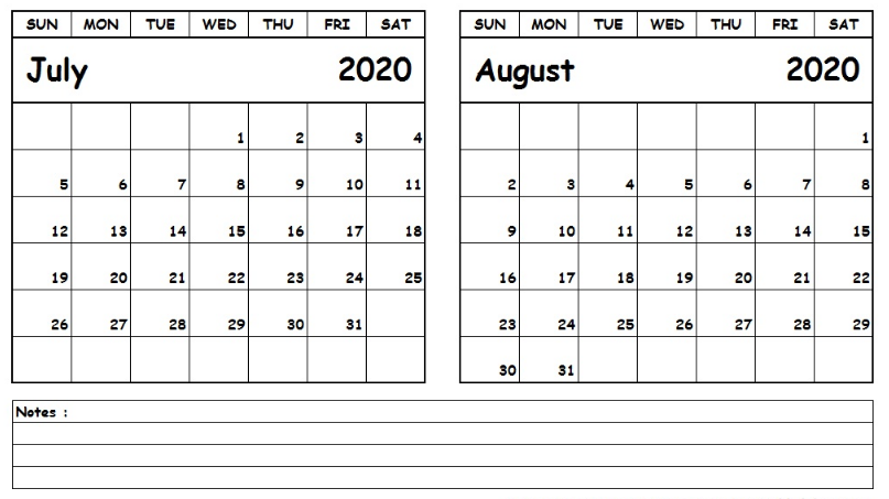 Two Month July August 2020 Calendar Template Download Now