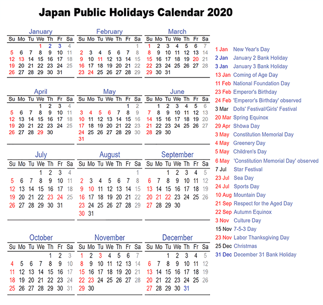 2020 Japan Holiday Calendar - National & Public Holidays